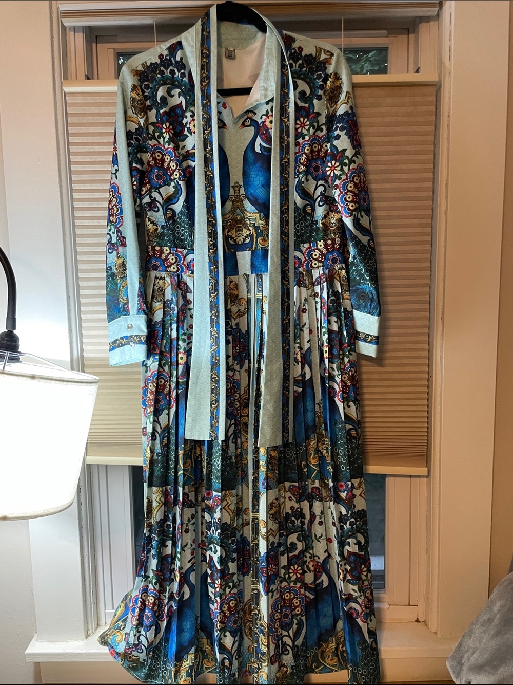Floral & Peacock Print Long Coat with Sash - Blue